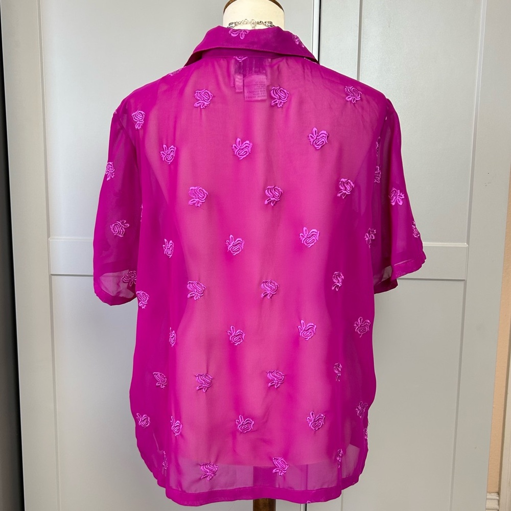 VTG Country Wear Casuals LG Pink Sheer Top Floral Embroidered Y2K Spring Roses - Picture 2 of 8